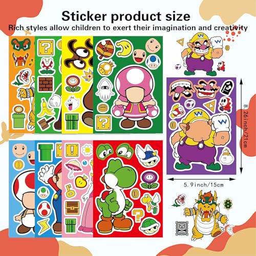 Image of 36 Sheets Mario Make a Face Stickers, Cartoon Book Crafts, DIY Party Supplies Favors Your Own Mixed and Matched with Different Designs Characters Birthday Gifts Class Reward Decor, Recommended Age 13