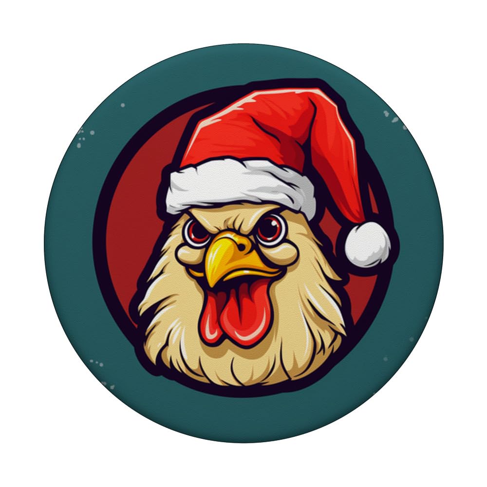 a cartoon chicken in a Santa hat with a mischievous smirk PopSockets Swappable PopGrip, Black - Image 3