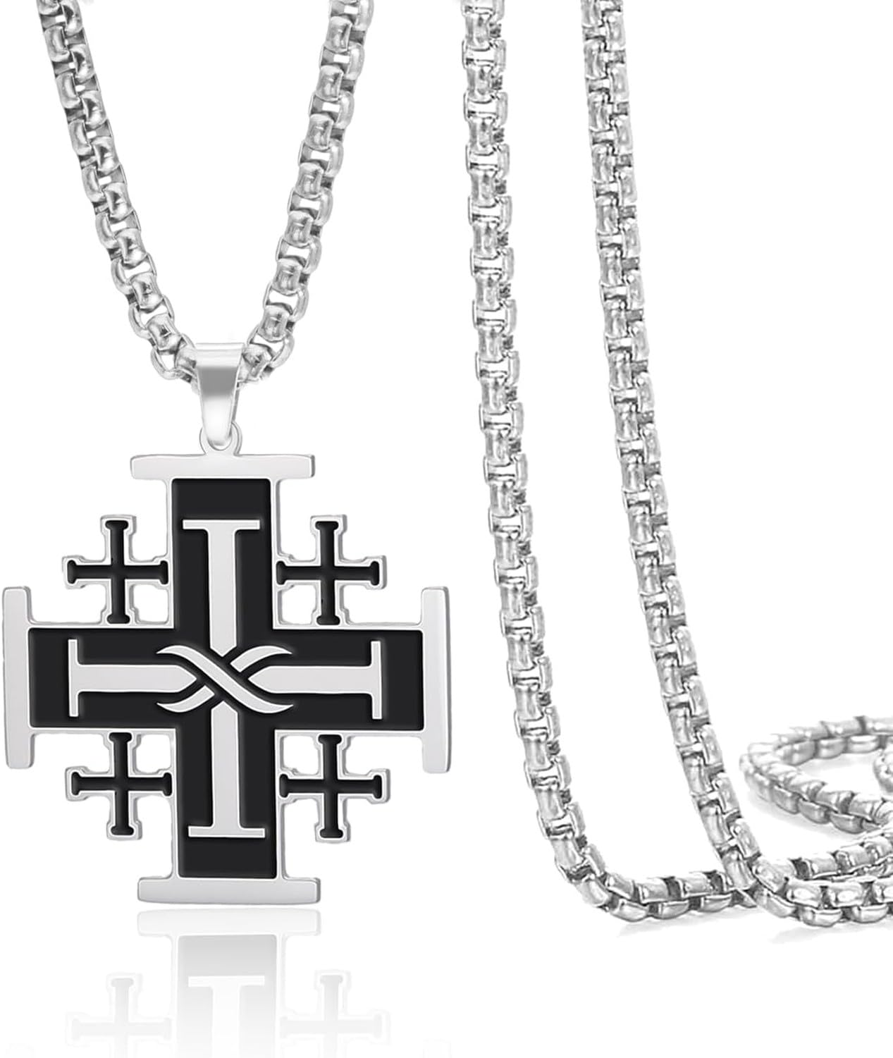 WOMGKDA Stainless Steel Jerusalem Cross Pendant Necklace Crusaders Statement Religious Amulet Prayer Medieval Baptism Jewelry Gift for Men Women, Black