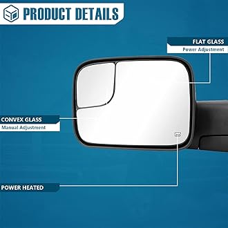 Towing Mirrors Driver Passenger Side for 2002-2008 Dodge Ram 1500, 2003-2009 Ram 2500 3500 with Power Heated, Power Adjustable, Manual Folding, Pair Side, Black