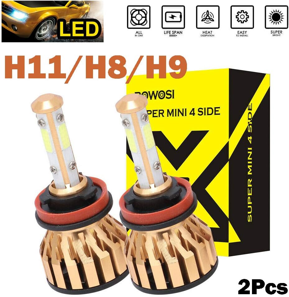 H11 H8 H9 LED Headlight Bulb 200W 20000LM 6500K Cool White 4-sides LED Chips High Low Beam Fog Light Driving Car Headlamp Plug and Play Coversion Kit (1 Pair)