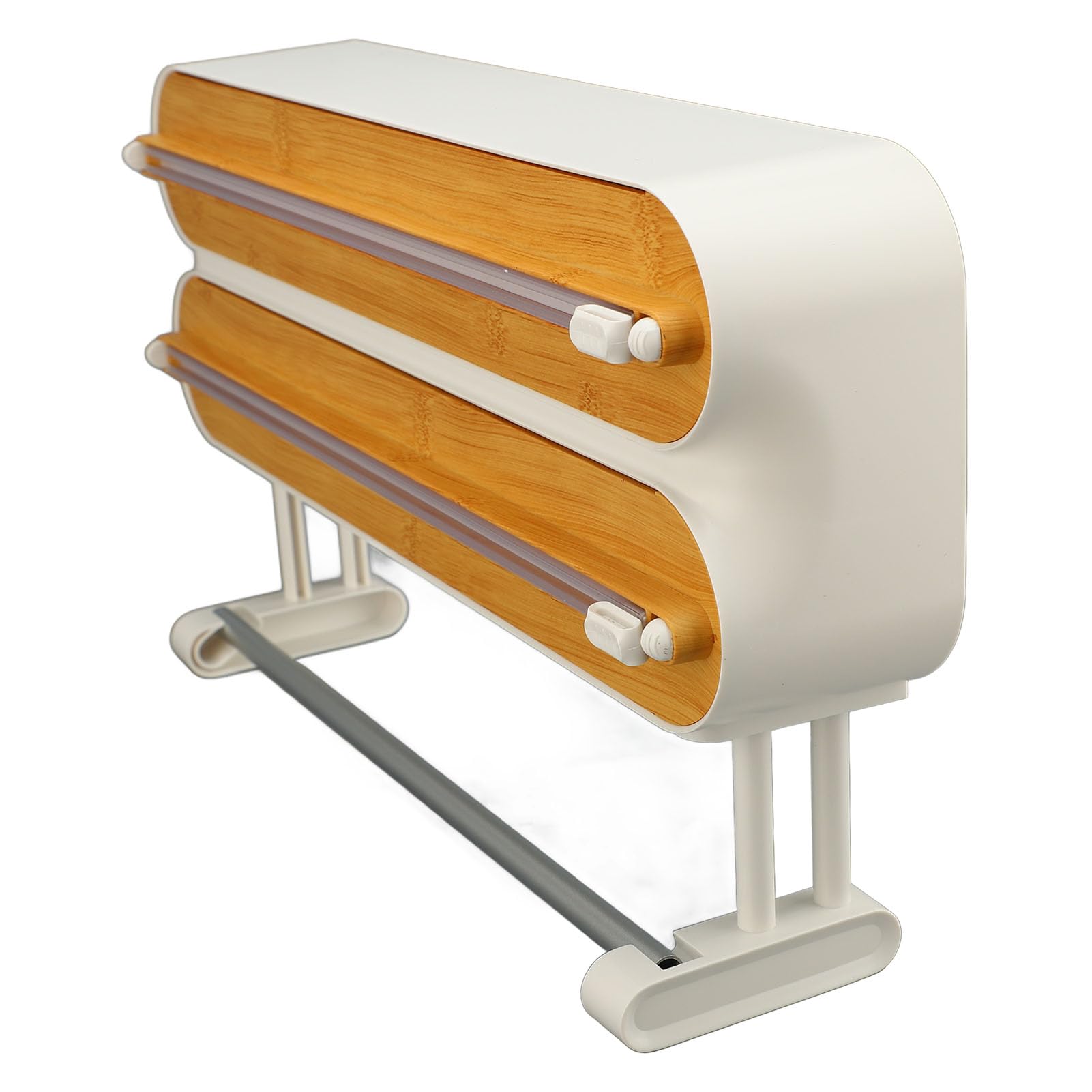 Dispensador de Film Transparente, Organizador 3 en 1 Ajustable para Pared con Acabado Innovador de Veta de Madera para Papel de Aluminio, Papel Encerado y Film Adhesivo,