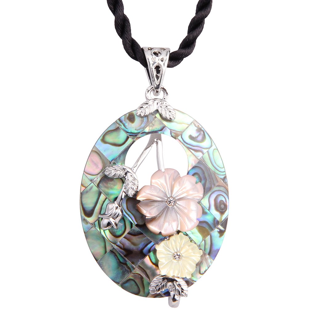 Luckeyui Oval Abalone Necklace for Women Sea Shell Flower Jewelry with Black Rope Chain