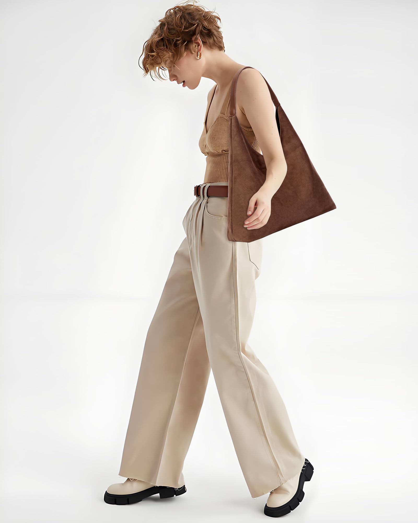 Lushandy Brown Suede Purse Faux Suede Tote Bag Leather Hobo Bags for Women Slouchy Hobo Bag Fall Purse Shoulder Bag: Faux Suede-coffee