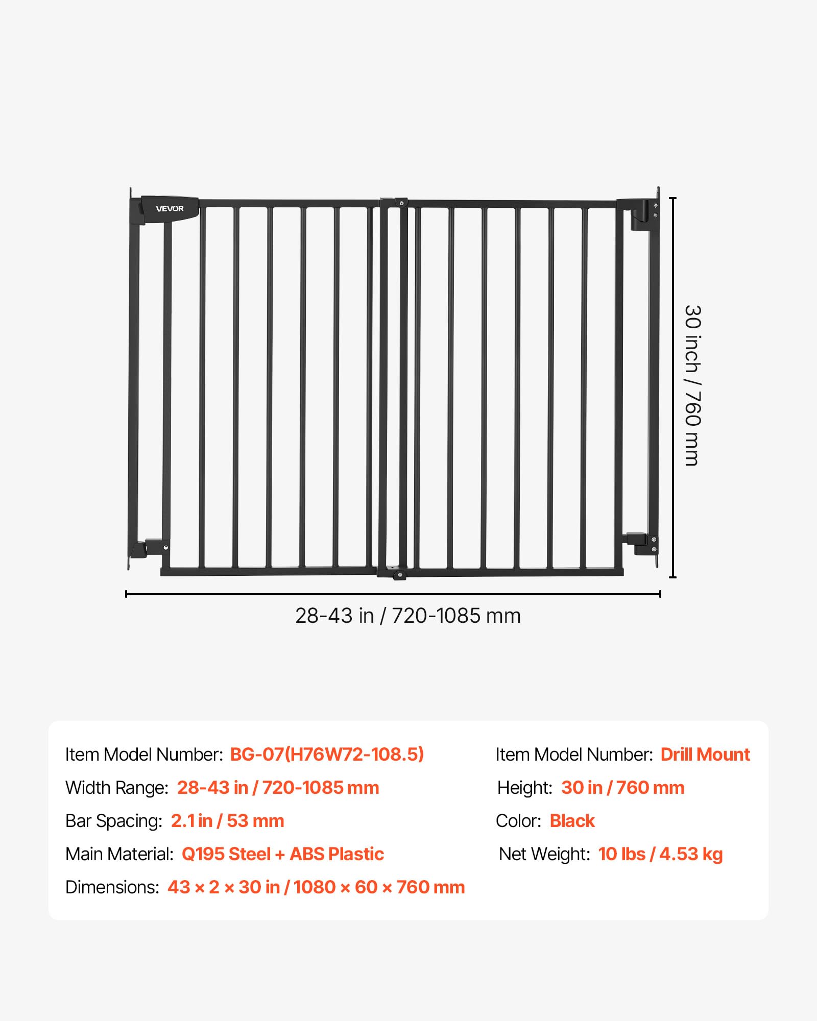 VEVOR Barrière de Sécurité Bébé, Largeur Réglable 720-1085 mm, Barrière Porte Chien, Hauteur 760 mm, sans Barre au Sol, Fixation par Perçage avec Accessoires, pour Escaliers, Passages et Maison, Noir