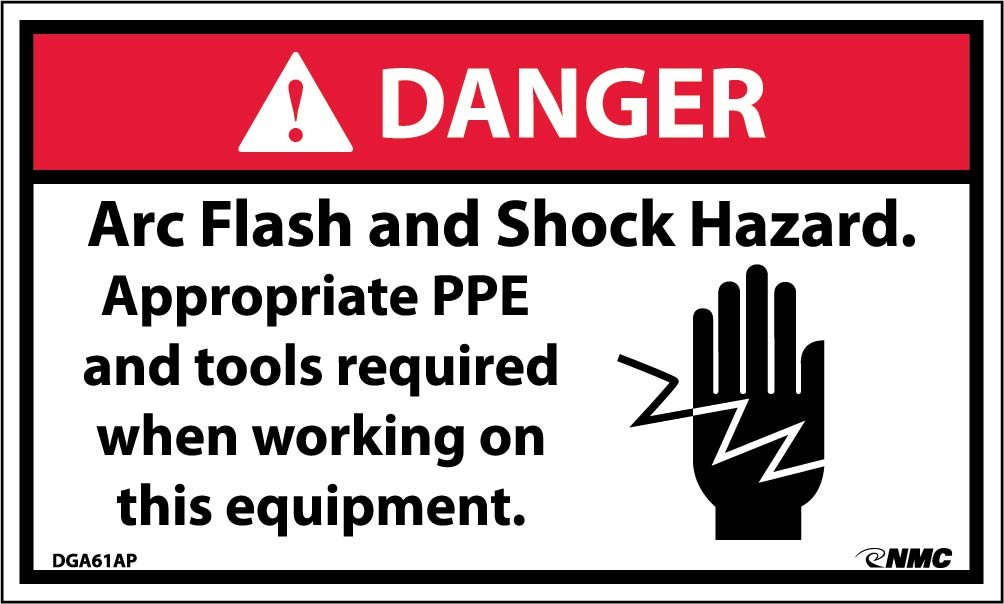 NMC DGA61AP Arc Flash Labels with Graphic, "DANGER Arc Flash And Shock Hazard Appropriate PPE...", 5" Width x 3" Height, Pressure Sensitive Vinyl, Red/Black on White (Pack of 5)