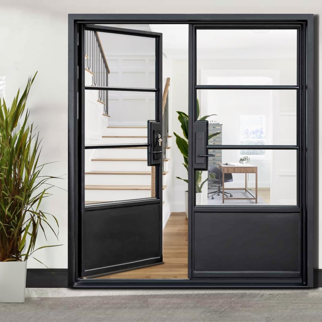 Generic HR 72x81 Matte Black French Iron Steel Double Door | 3-Lite Left Inswing Entryway | Complete with Handle and Lock | Modern Front View Design