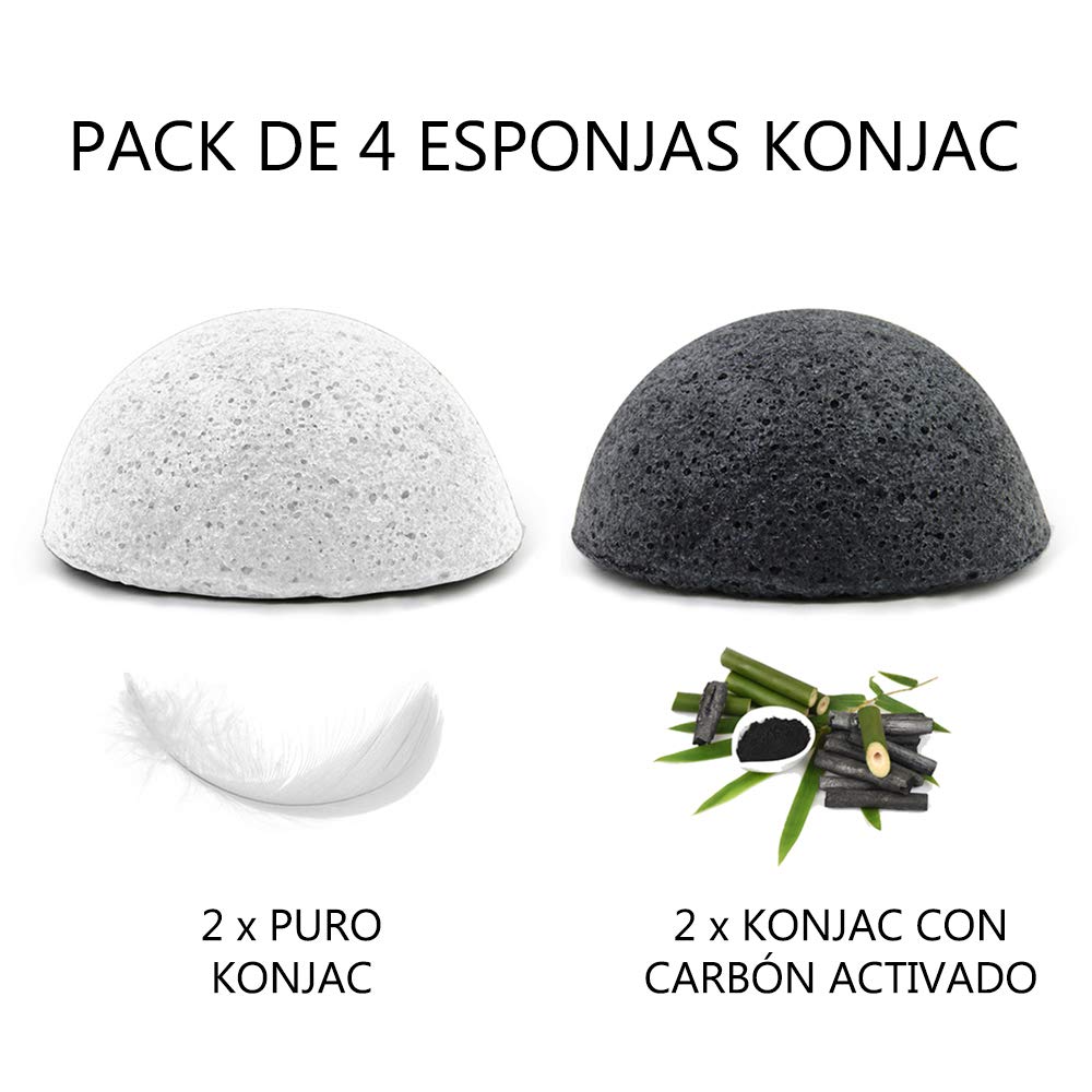 Esponja Konjac Exfoliante Suave Facial Natural, Orgánico, Bio, Ecológico, Vegano, Cuidado de la Piel, Limpieza Profunda, para Piel Propensa a Grasa y Acné - Pack de 4 Esponjas, 2 Blancas y 2 de Carbón
