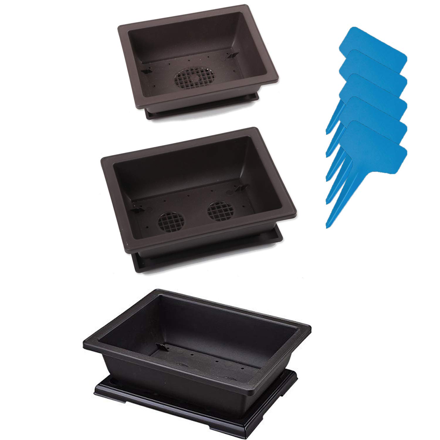 XIAONAN Set of 3PCS 6.3"+8.8"+11" Bonsai Training Pots, Large Plastic Bonsai Plants Growing Pot with Humidity Trays + 5Pcs Plant Labels for Garden, Yard, Office, Living Room, Balcony etc.