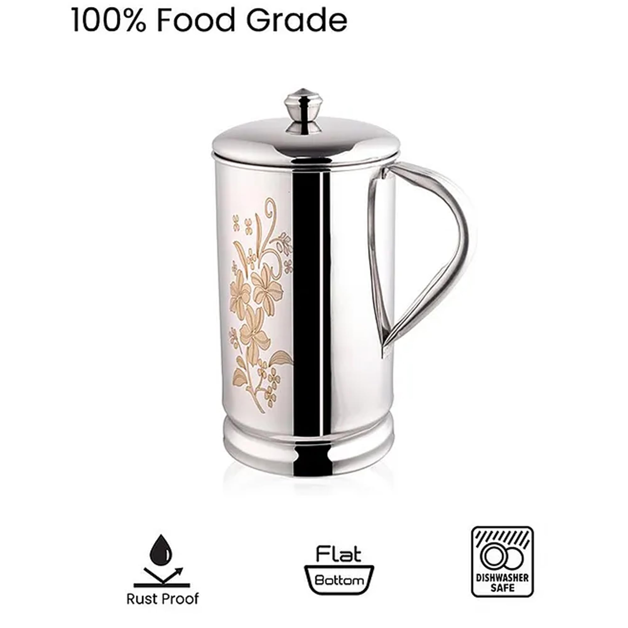 IDEAL PRIME Heavy Gauge Stainless Steel Water Jug with Airtight Lid 1.5 Liter Rust Proof Steel Pitcher Kettle Jug with Laser Print Design 1500 ml Pack of 1 4