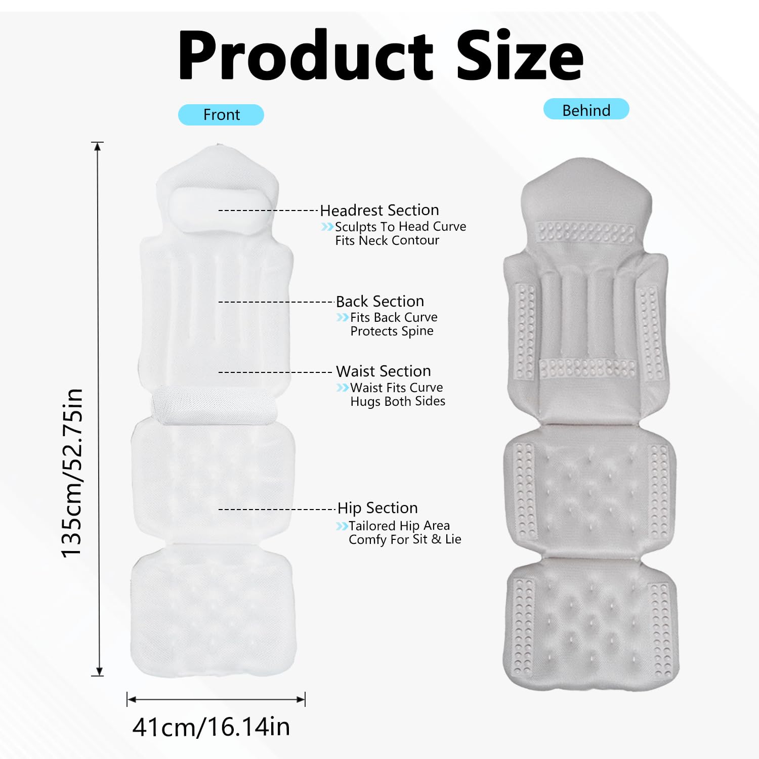 Coussin de bain complet pour baignoire, coussin de bain en maille aérée 3D avec coussins cervical et lombaires et ventouses antidérapantes, coussin de bain avec soutien de la tête, du cou et du dos