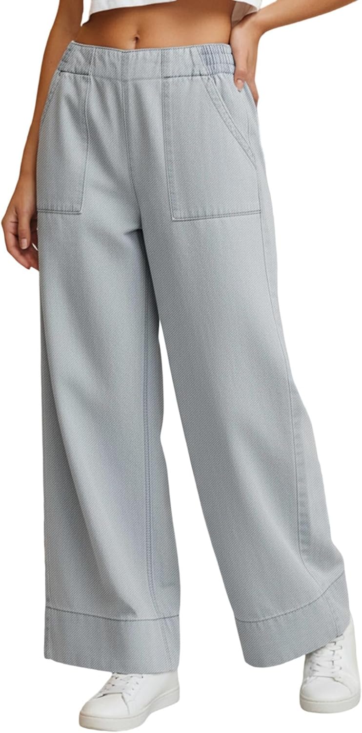 OAKFashion Womens Wide Leg Denim Jeans Stretchy High Waisted Baggy Full Length Pull-On Denim Pants Trousers with Pockets