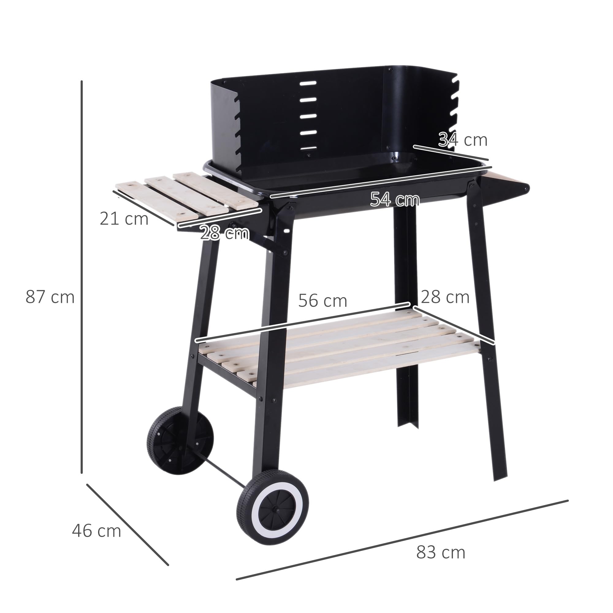 Outsunny Barbacoa de Carbón Vegetal Parrillas Asador BBQ de Picnic Altura de Parrillas Ajustables con Estantes y Ruedas Fácil Mover para Jardín Exterior Acampada 83x46x87 cm