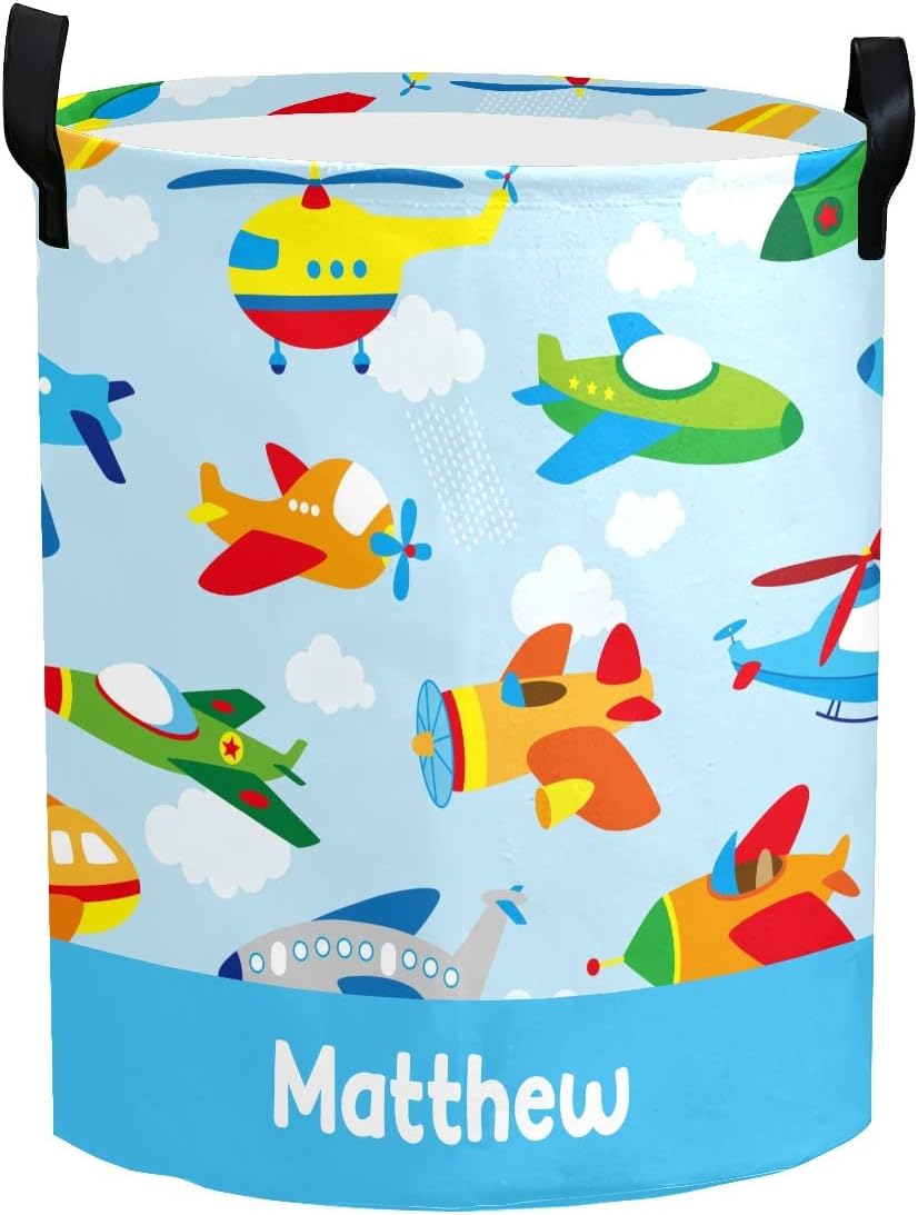 Personalized Laundry Basket Hamper,Airplane Blue Clouds,Collapsible Storage Baskets with Handles for Kids Room,Clothes, Nursery Decor