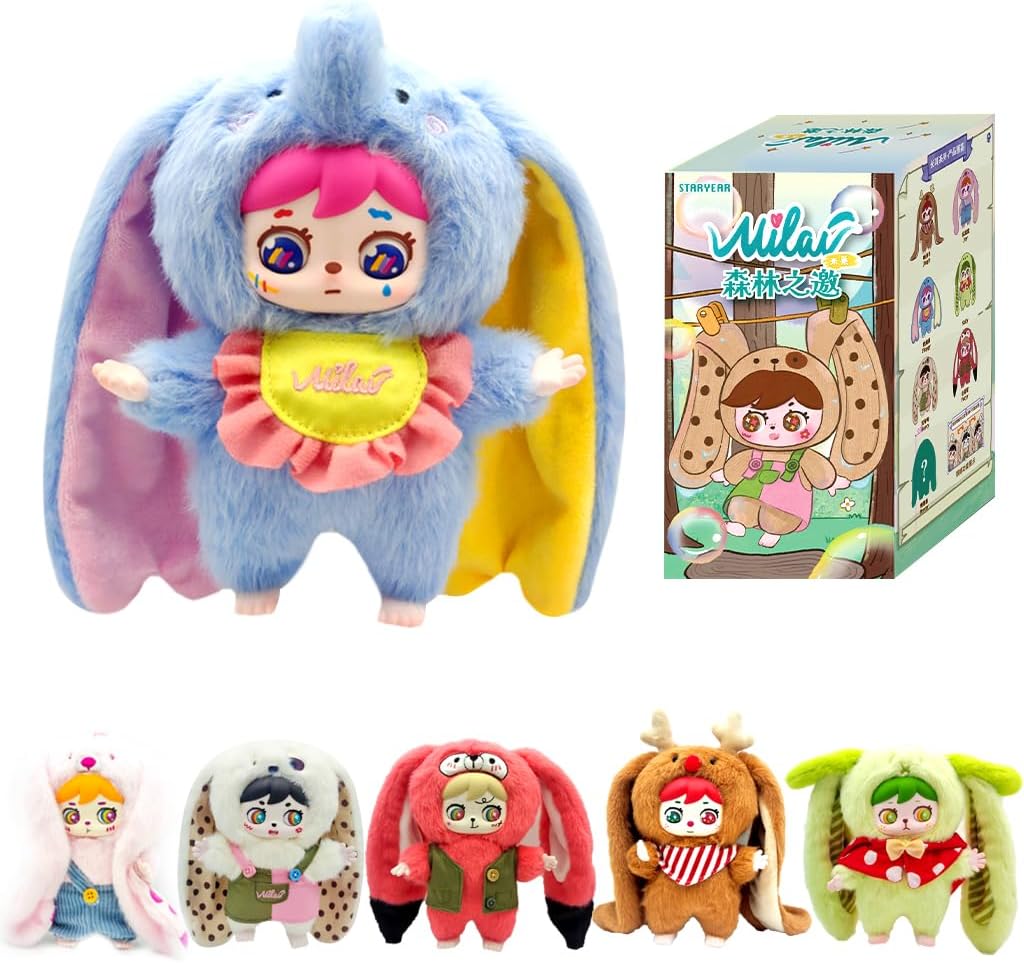 Surprise Blind Box Figures Doll, MILAI - 6.7" Adorable Poseable Long-Ear Plush Doll Keychain with 3 Changeable Eyes (6+1 Mystery) | Collectible Toy Christmas Birthday Gifts for Girls Boys