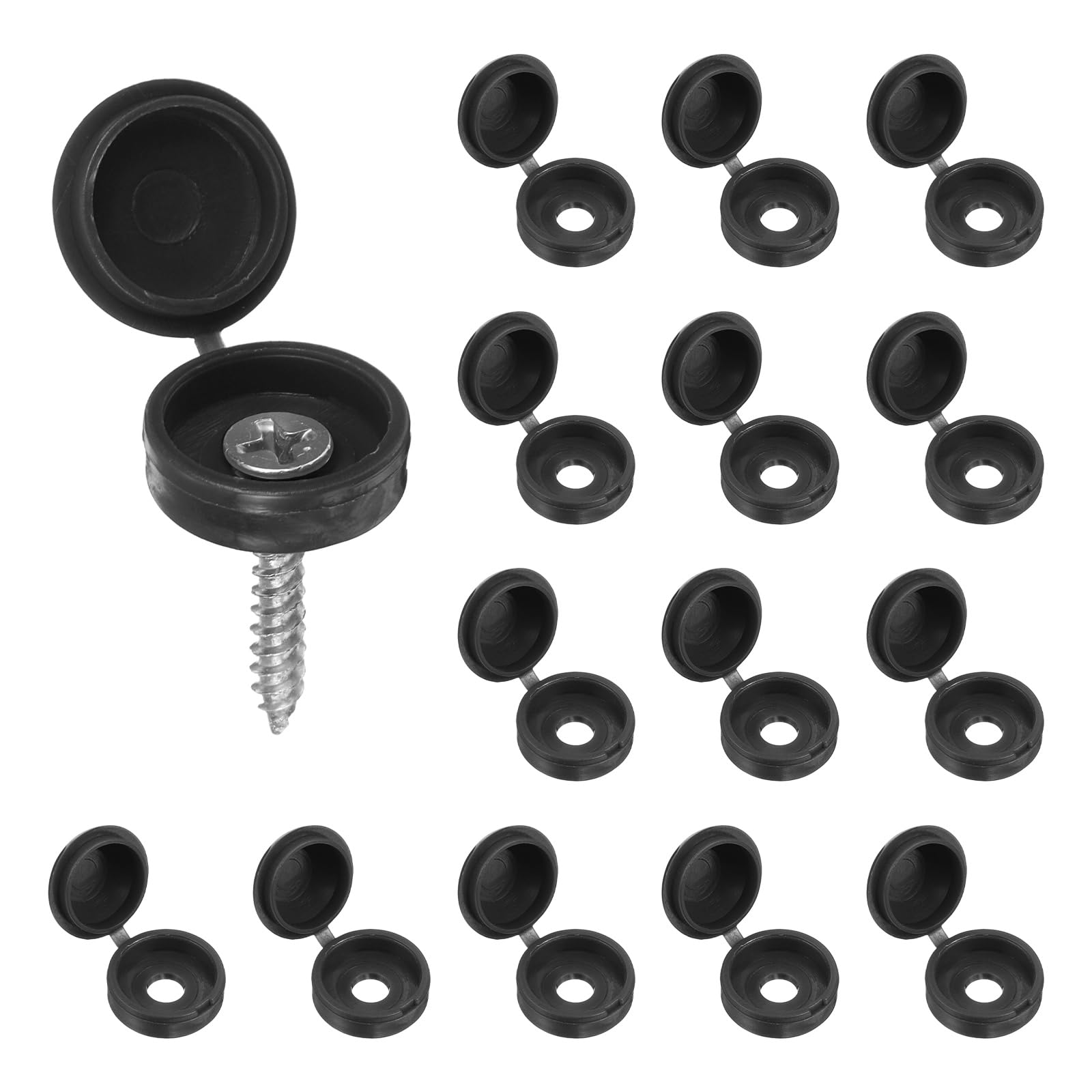 sourcing map 100pcs Plastic Hinged Screw Cover Caps 5.7mm / 0.22" Shutter Screw Caps Fold Snap Washer Covers for Windows Outside Railings Furniture, Black