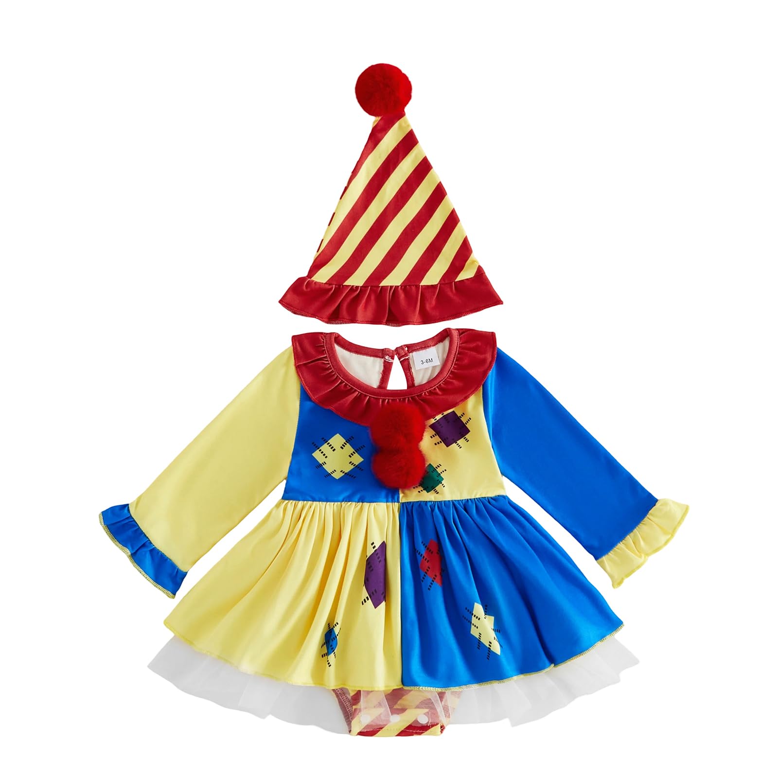 BYUSBAYA Toddler Baby Boys Girls Halloween Clown Costume Contrast Color Jumpsuit (B-Yellow, 12-18M)