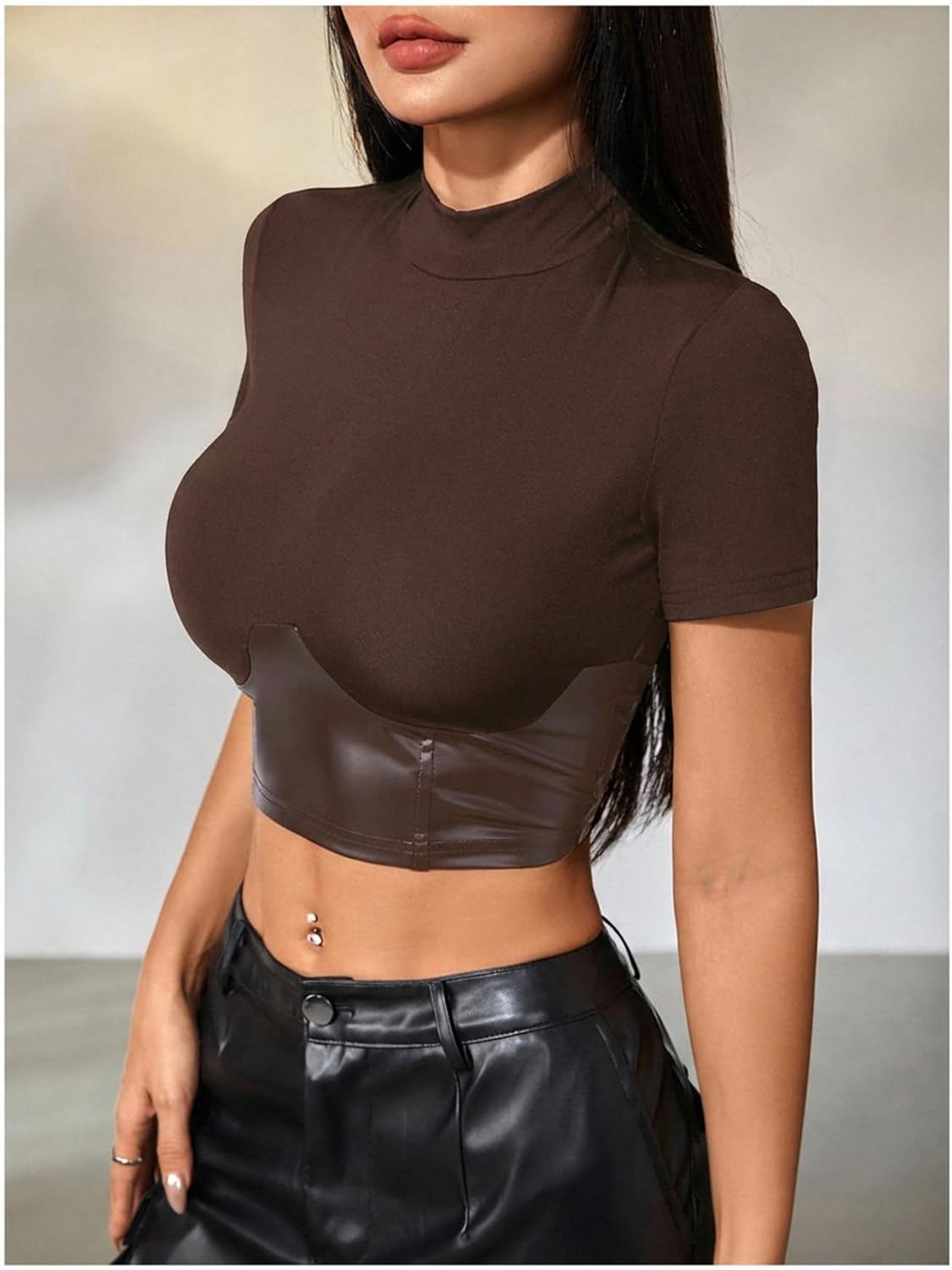 MakeMeChic Women's PU Leather Crop Top Short Sleeve Mock Neck Slim Fitted Y2k Party Going Out Tops - Image 3