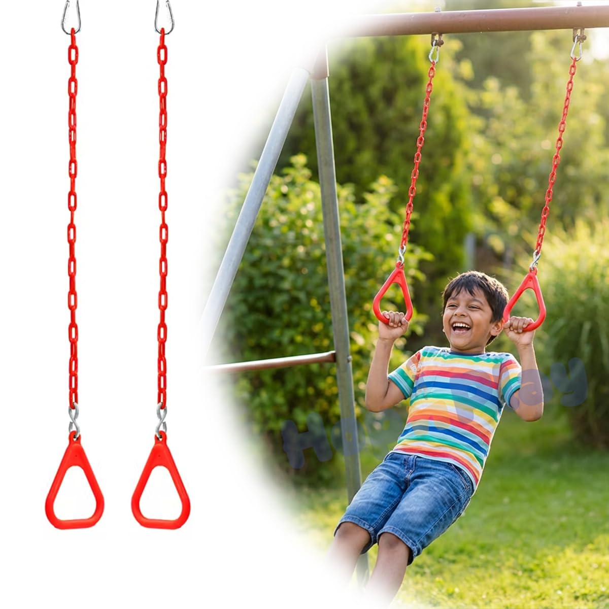 Hop N Play Gym Trapeze Ring Set for Kids/Adults Trapeze Bar Flying Pull up Ring Sports Outdoor & Indoor Gym Swing with Plastic Coated Chain, Weight Capacity-150 kgs (Red)