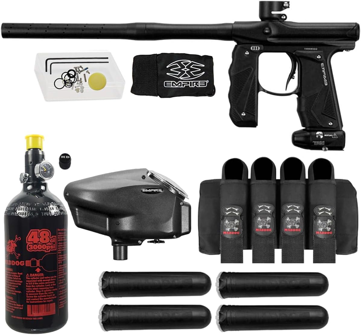 - Maddog Empire Mini GS Electronic Full Auto Paintball Gun Marker w/ 48/3000 HPA Paintball Tank, Empire Halo Too Electronic Loader, 4-Pod Harness & (4) Pods Starter Package