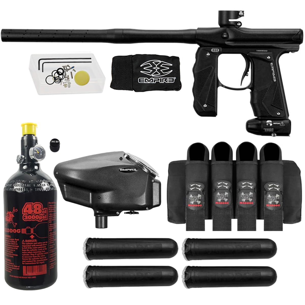 Maddog Empire Mini GS Electronic Full Auto Paintball Gun Marker w/ 48/3000 HPA Paintball Tank, Empire Halo Too Electronic Loader, 4-Pod Harness & (4) Pods Starter Package