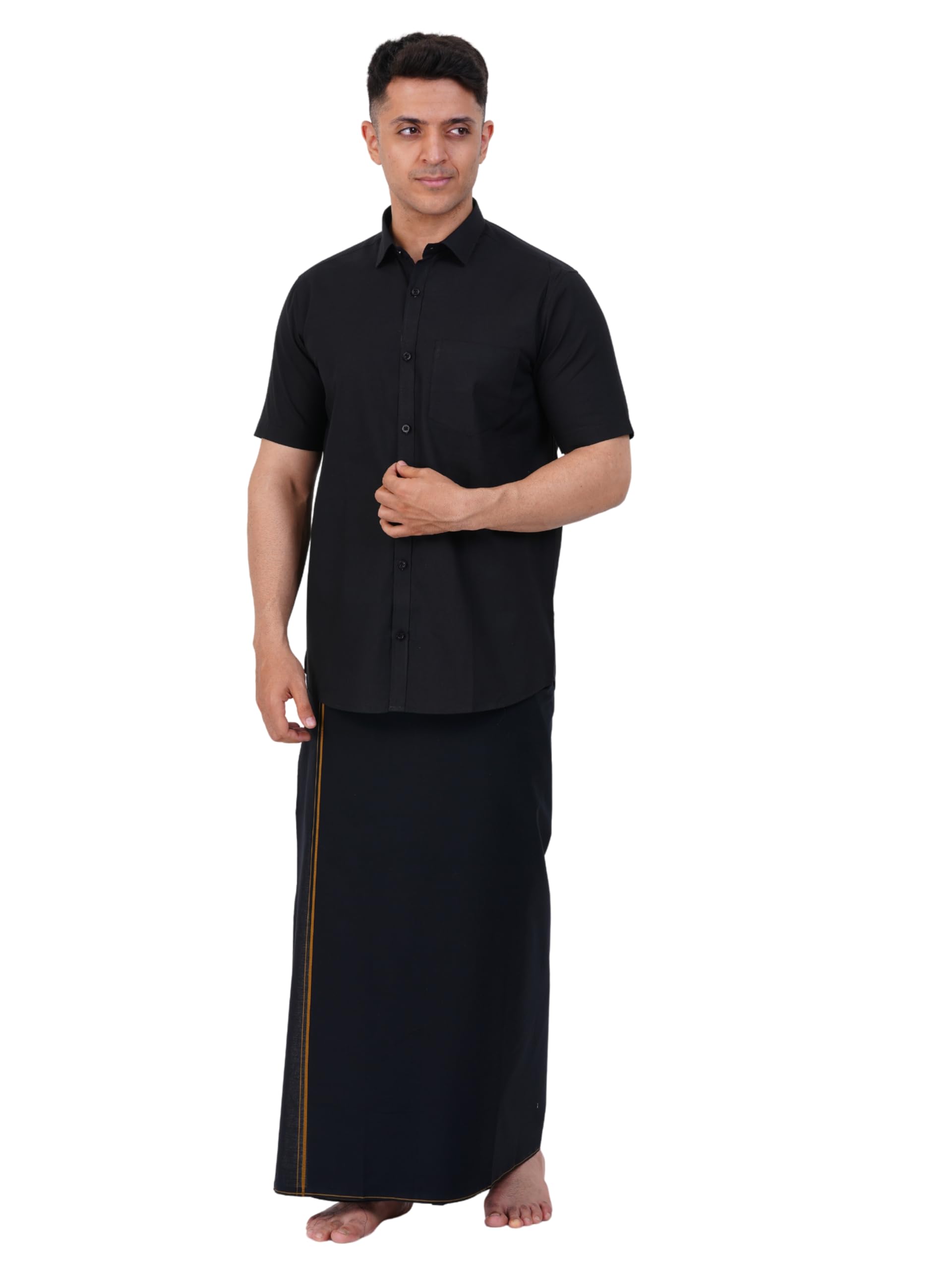 Mens Single Small Border (1.28x2.00 mtrs) Black Dhoti + Readymade Half Sleeve Shirt-image-35