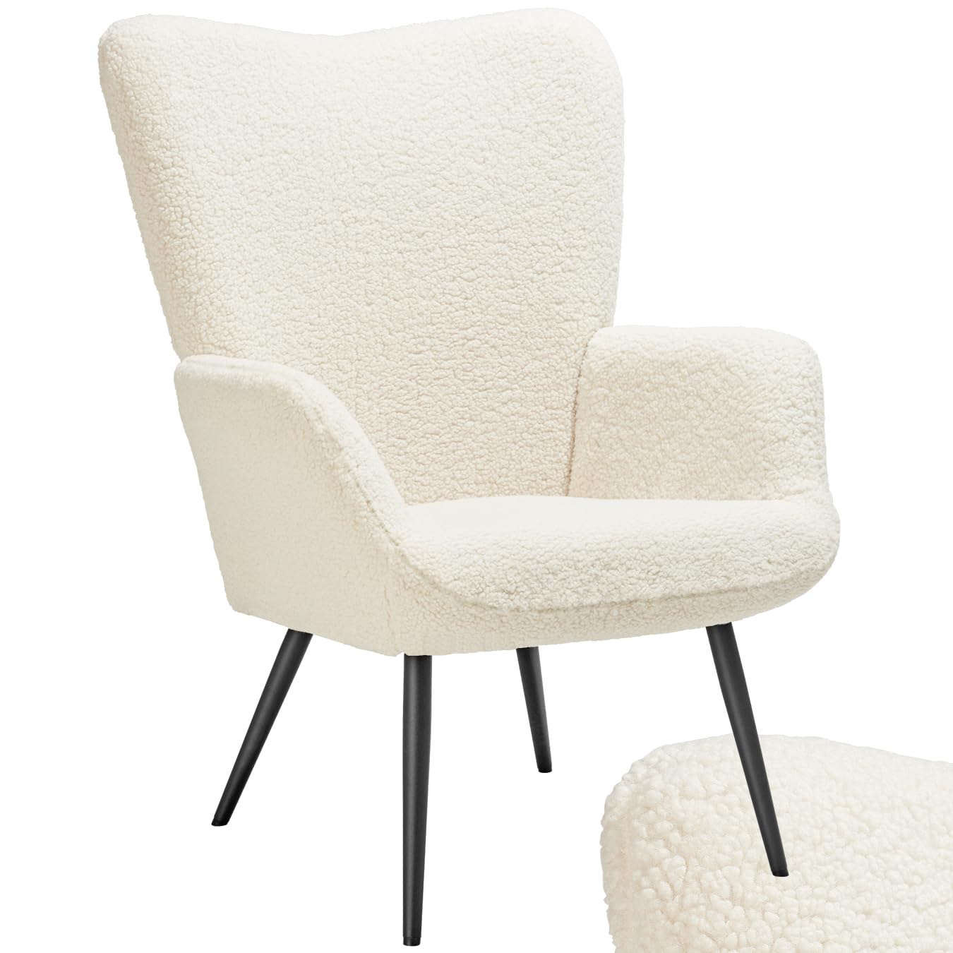 tectake® Fauteuil Relax Confortable en Tissu Bouclette Fauteuil Scandinave Moelleux avec Accoudoirs & Dossier Ergonomique pour Salle à Manger, Salon, Chambre, Siege Bureau, Allaitement Crème/​Noir