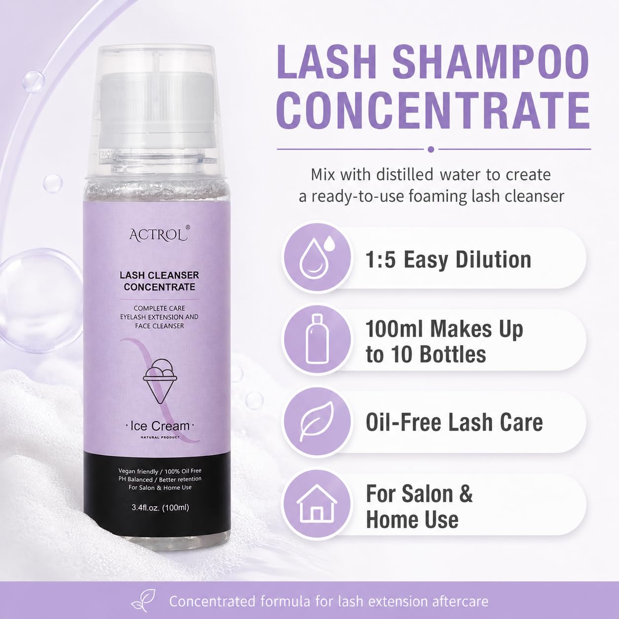 ACTROL Szampon do rzęs skoncentrowany 100 ml, środek do czyszczenia przedłużania rzęs, koncentrat lawendowy, szampon spieniający bez parabenów i siarczanów, do przedłużania rzęs, w zestawie