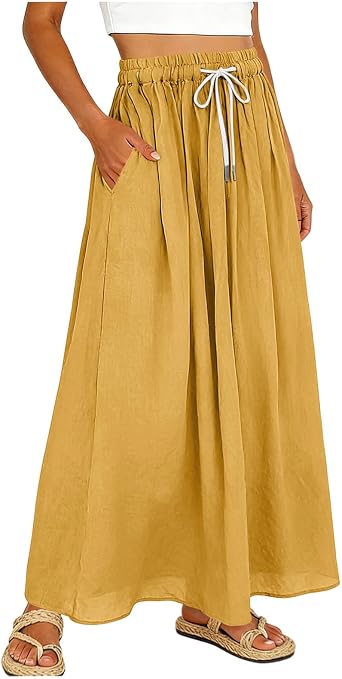 Womens Bohemian Style Long Skirts Drawstring Waisted Vintage Summer Beach Skirts Cottagecore & Travel