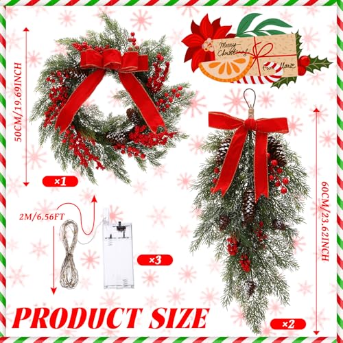 Hungdao 3 Pack Pre-lit Christmas Wreath and Swag with Lights 24\" Artificial Christmas Teardrop Swags Pine Cypress Garland with Bow Pine Cones Berry for Xmas Front Door Outdoor Holiday Decor