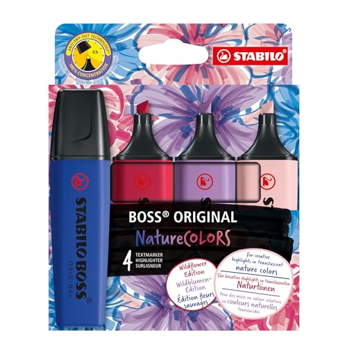 STABILO - Marcador BOSS ORIGINAL NatureCOLORS Wildflower – Pack de 4 – Rojo, azul ultramarino, gris-violeta, burdeos