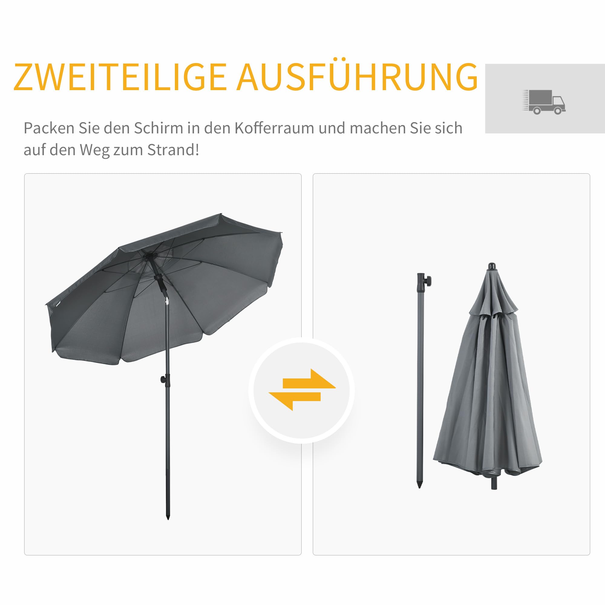 Outsunny Sonnenschirm Strand Ø180 cm UV 50+ windfest stabil Strandschirm mit UV-Schutz sturmfest Balkon-Schirm faltbarer Gartenschirm sicherer Sonnenschutz für Reisen Strand Balkon Camping