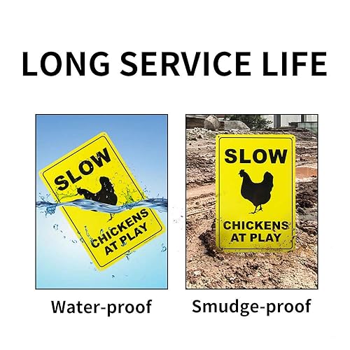 Miniatura 4 de Enjoyist Paquete de 2 carteles reflectantes de aluminio de 12 x 8 pulgadas con texto en inglés "Caution Slow Chickens at Play", con protección UV y