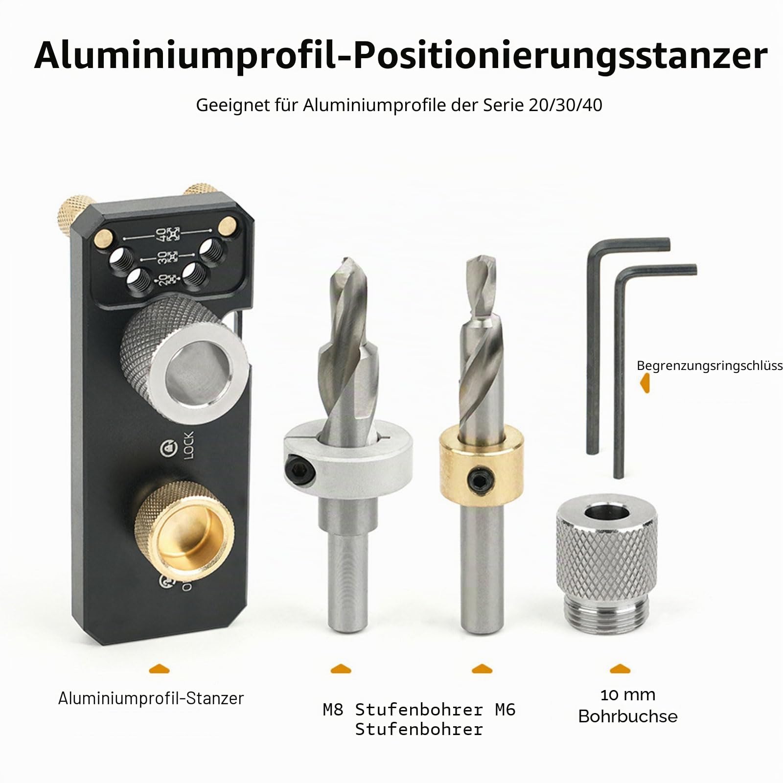 Bohrschablone, Selbstzentrierendes Bohrführung Stanzer Locator, Exakte Dübellöcher mit Aluminiumprofil Bohrer, Bohrhilfe Set für 2020, 2040, 3030, 3060 und 4040 nach Aluminiumprofile