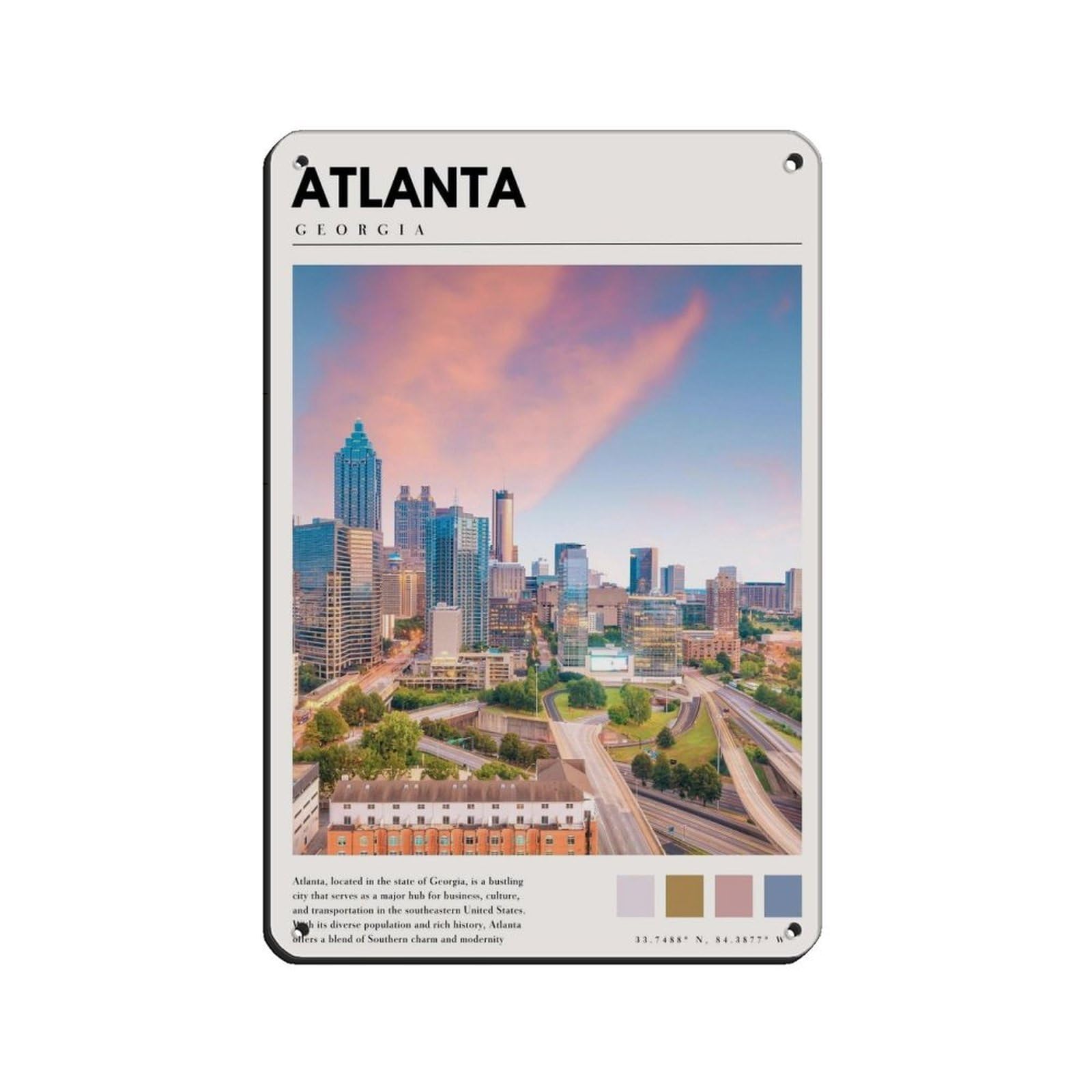 Atlanta Georgia Poster Atlanta Art Tin Sign Vintage Metal Pub Club Cafe Bar Home Wall Art Decoration Poster Retro 8x12inch(20x30cm)
