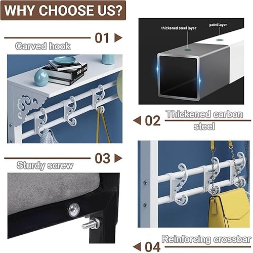 Miniatura 5 de Heavy Duty Clothes Rails, Freestanding Hallway Tree with Bench and Top Shelf, Clothes Rack with Shoe Rack, Industrial 4 in 1 Metal Coat Rack for