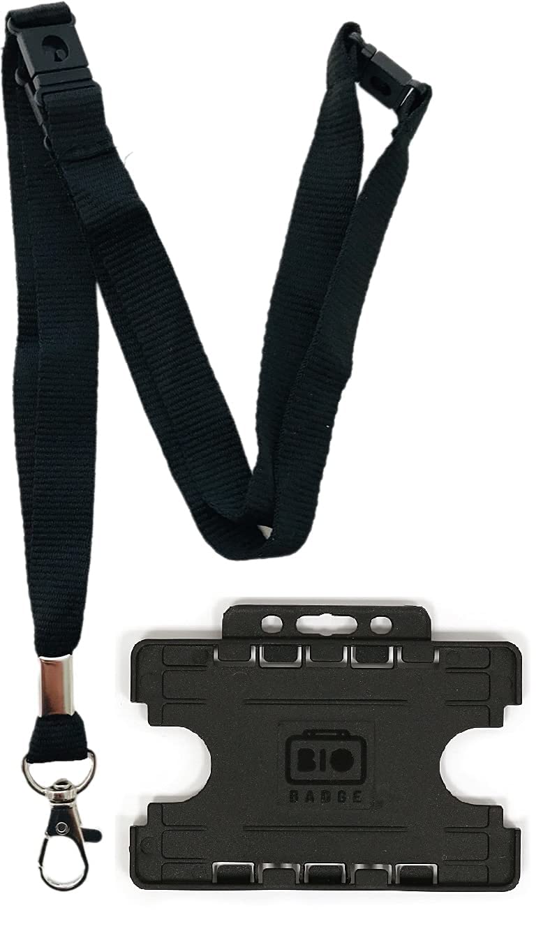 15mm Colourful Neck Lanyard with 3 Point (Triple) Safety Breakaway & Double Black Horizontal ID Card Holder - Choose Your Colour (Black, 5 Lanyards)