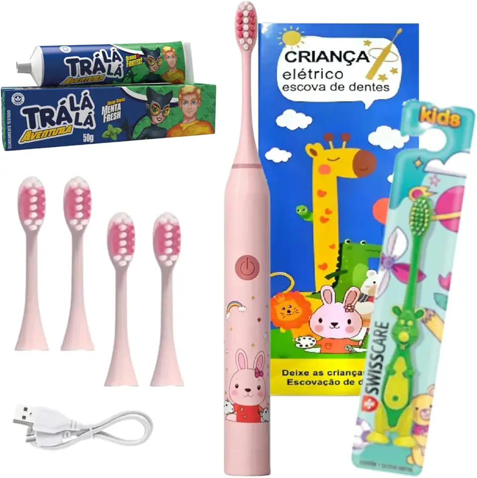 Kit Escova Elétrica Infantil Sônica Recarregável 6 Modos com Timer Inteligente Macia Resistente à Água | Turma do Bafo Bom (Rosa Coelha)