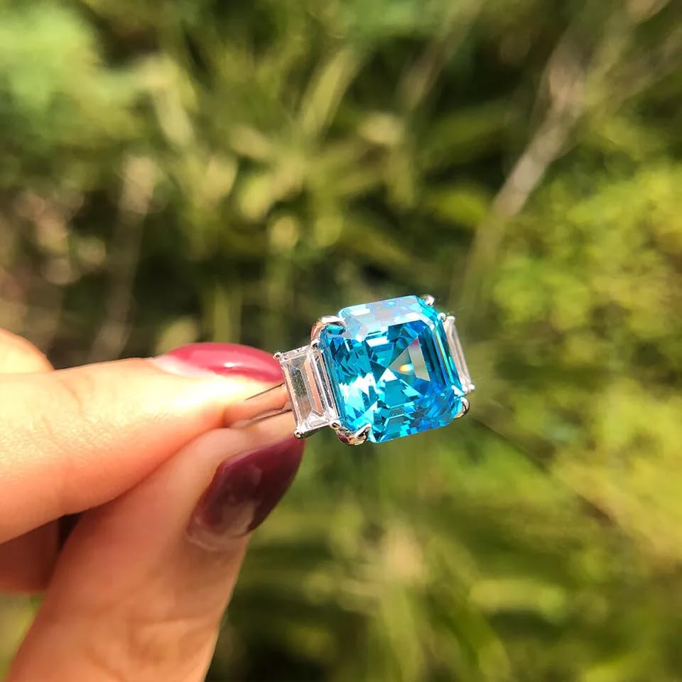 rkjewellry_store || 14k White Gold Finish 925 Sterling Silver 3 Ct Asscher Cut Blue Topaz & Diamond Three Stone Engagement Ring Women's3