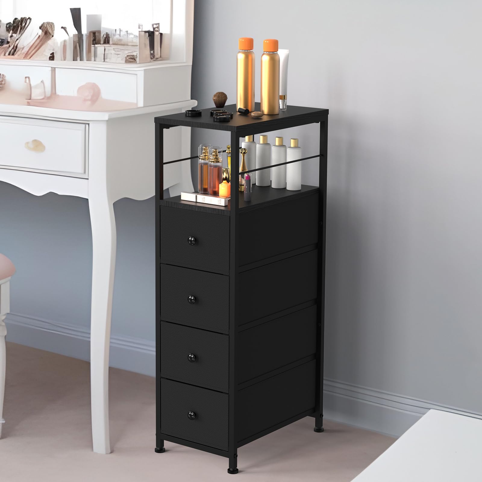 Komoda wąska szafka z 4 szufladami z materiału, szafa z szufladami, wieża do przechowywania, organizer do sypialni, salonu, kuchni, biura, korytarza, 87 x 40 x 25,4 cm, czarna