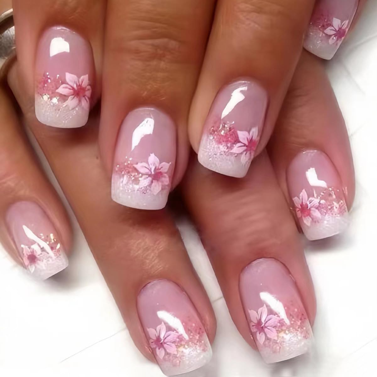 24 Pcs Pink Press on Nails Short Square - Summer French Fake Nails Cute False Nails Press ons Full Cover Nail Tips with Pink Flower Designs Acrylic