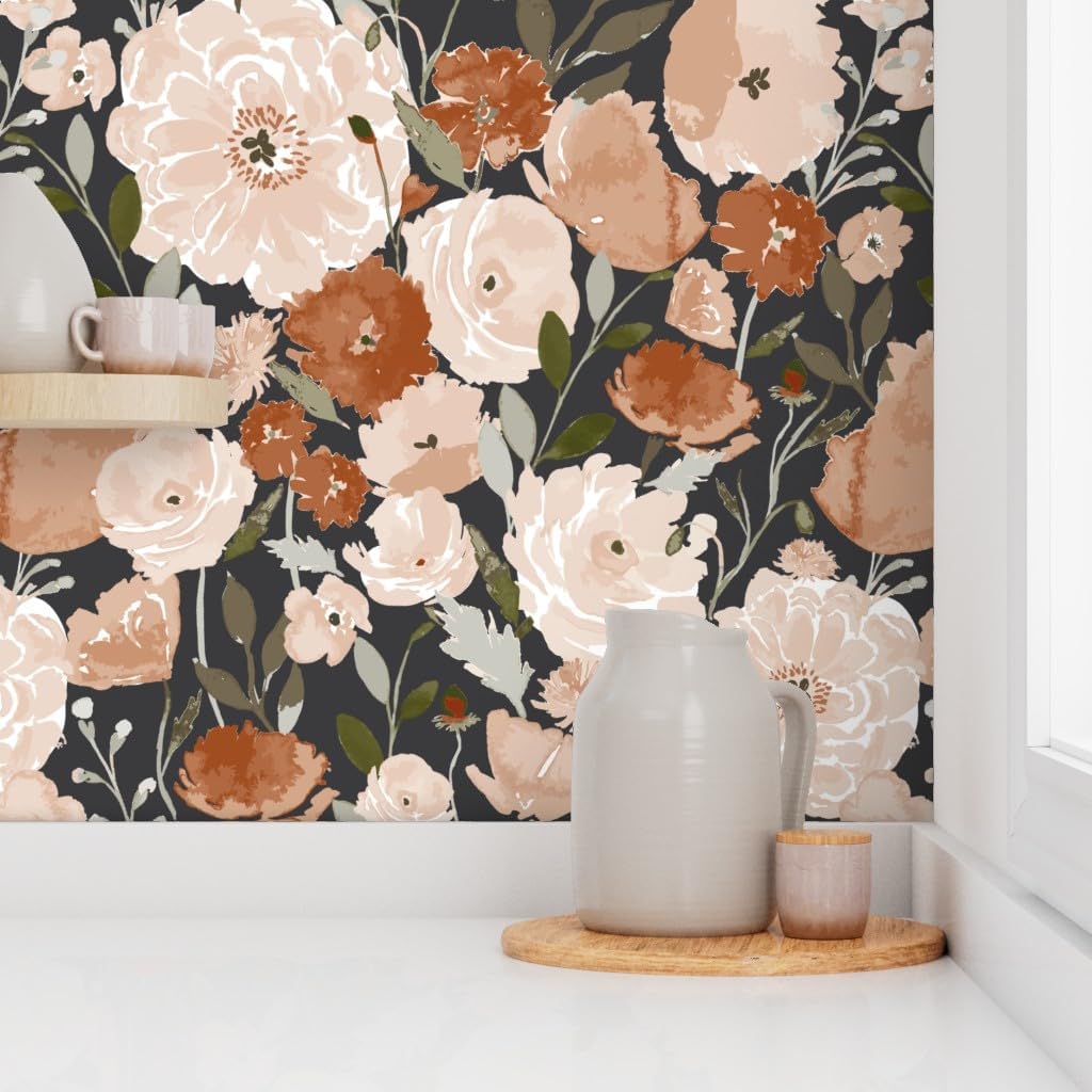 Spoonflower Peel & Stick Wallpaper 3ft x 2ft - Peach Pink Poppy Flower Copper Garden Floral Summer Watercolor Custom Removable Wallpaper