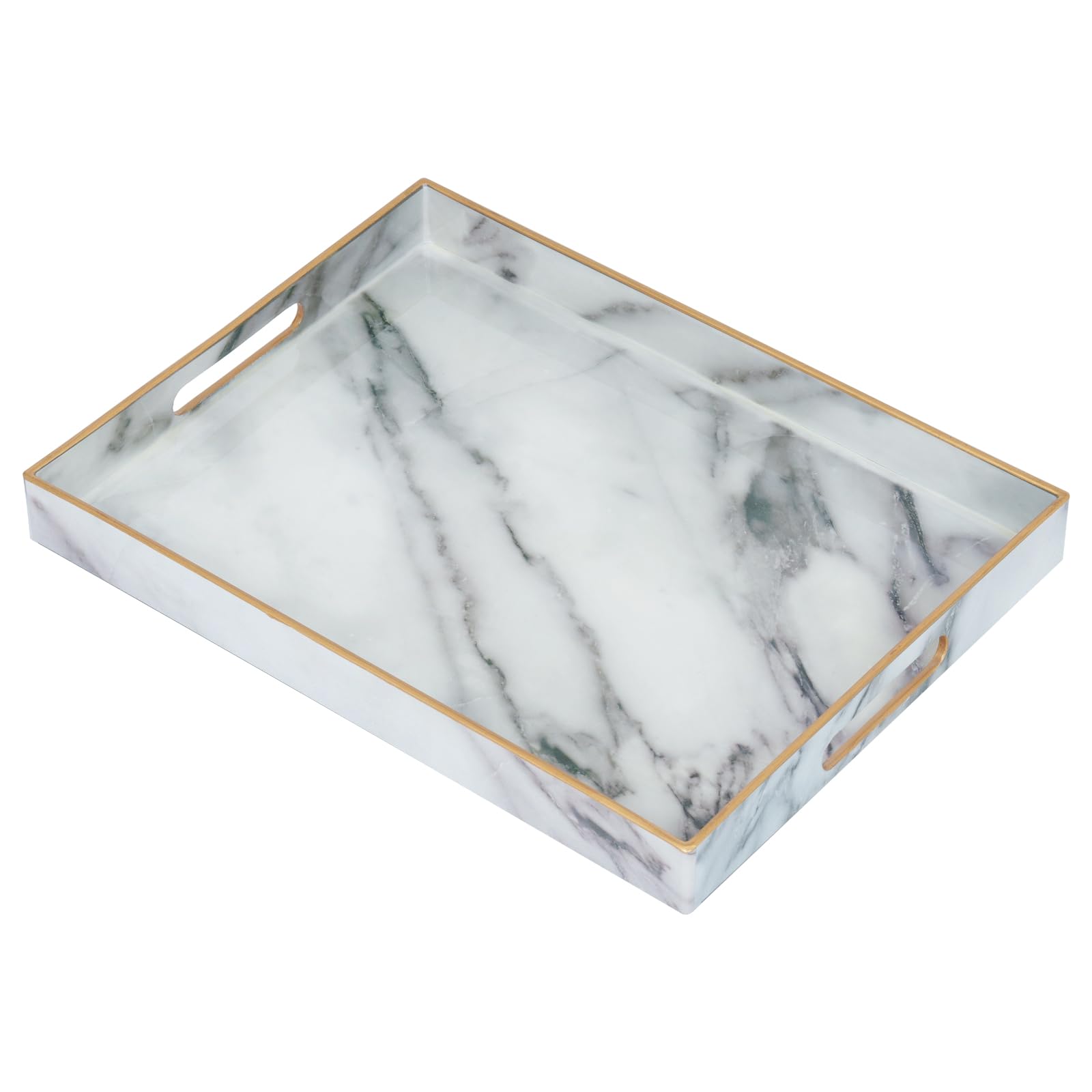 Ymahizax White Serving Tray, Marble Plastic Food Trays For Eating On Lap Decor Coffee Tray With Handles Rectangular Non-Slip Candle Plate, 40X30x4 Cm Large Drinks Platter For Kitchen/Living Room/Bedroom/Party
