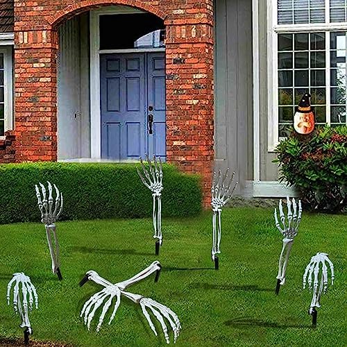 6111scnUseL._AC_ 8 Pieces Realistic Looking Skeleton Stakes Separated Plastic Skeleton Hands Halloween Zombie Arms Lawn Stakes for Halloween Props Decorations (Right and Left) (Pack of 8)