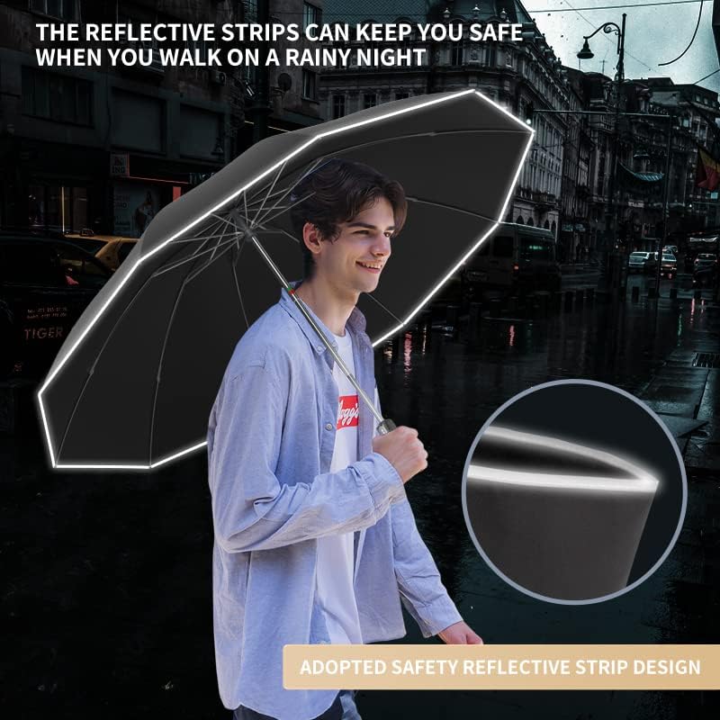 RUMBRELLA Inverted Folding Umbrella for Rain, 50 Inch Anti-UV Protection Automatic Car Travel Umbrella with Safety Reflective Strip