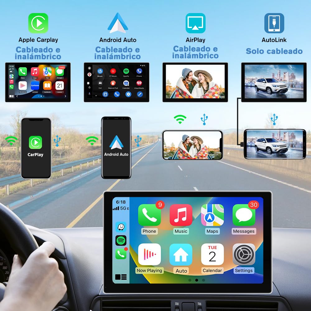 AWESAFE 9 Pulgadas Pantalla CarPlay/Android Auto Inalámbrico/Mirror Link para Coche, Reproductor de Coche Tactíl Admite Bluetooth/SIRI/Asistencia de Voz/USB/TF/FM/AUX/EQ Ecualizador