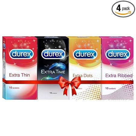 Durex Multi-pack Condoms for Men (Extra Time, Extra Dotted, Extra Ribbed, Extra Time) - 10 count (Pack of 4)