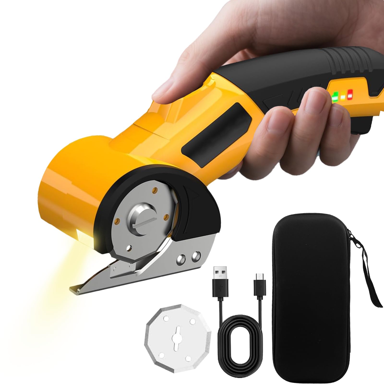 Forbici elettriche, taglierina di cartone a batteria, taglierina di cartone elettrico con 2 lame affilatrici per elmi, forbici universali a batteria per carta, cartone, tappeti, feltro