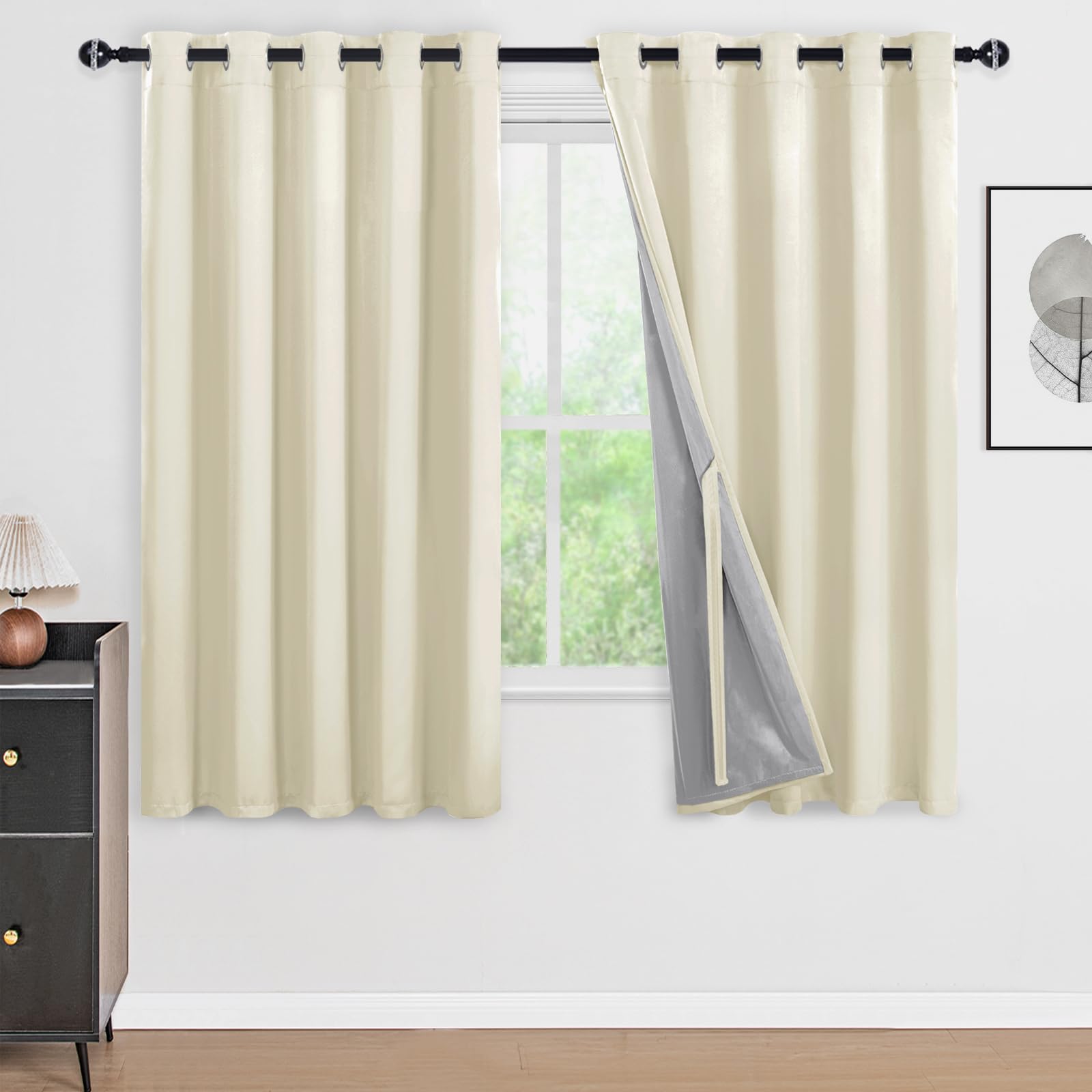 DWCN 100% Blackout Curtains w/Tiebacks, Double Layer Thermal Insulated Room Darkening Noise Reducing Grommet Window Curtain Drapes with Black Liner for Kitchen Light Beige, 60 x 63 Inch (2 Panels)