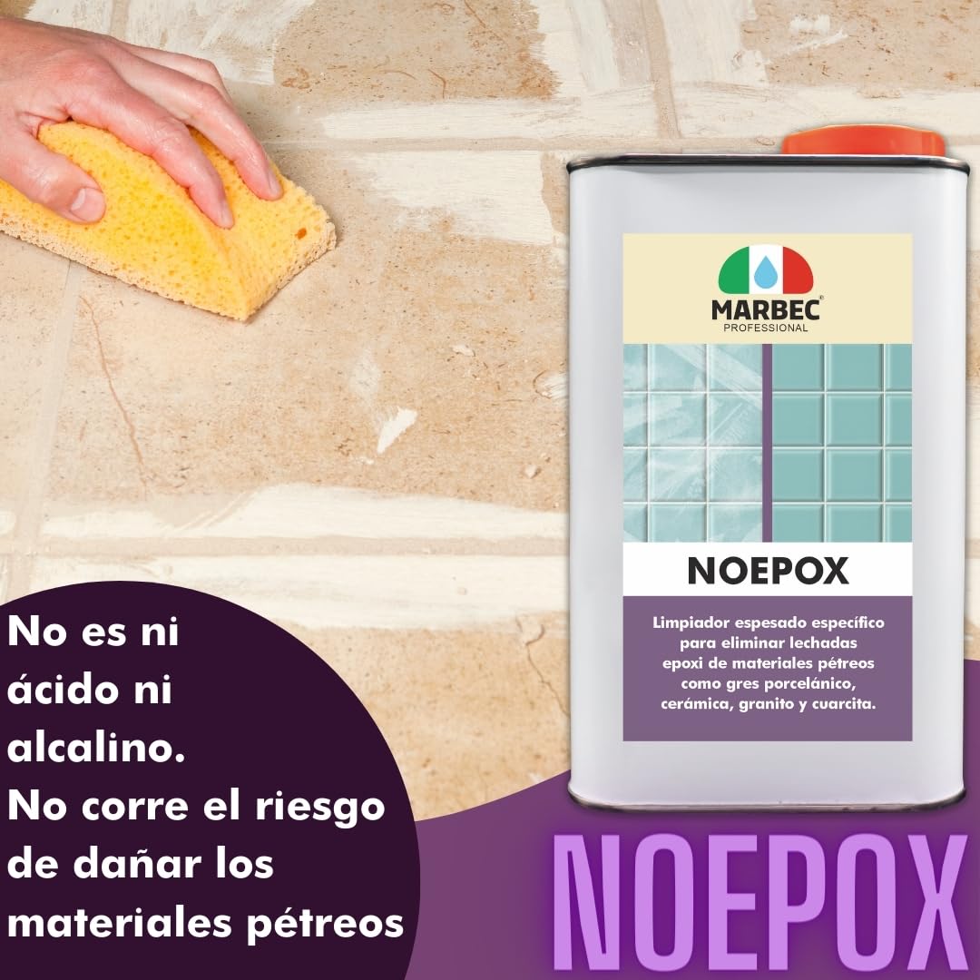 MARBEC NOEPOX 1LT + TAMPÓN NEGRO Limpiador espeso específico para eliminar residuos y manchas de lechadas epoxi en gres, cerámicas, granitos y cuarcitas.